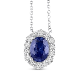 Oval-Cut Blue Lab-Created Sapphire & White Lab-Created Sapphire Halo Necklace 10K White Gold 18&quot;