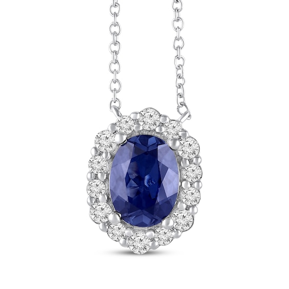 Oval-Cut Blue Lab-Created Sapphire & White Lab-Created Sapphire Halo Necklace 10K White Gold 18"