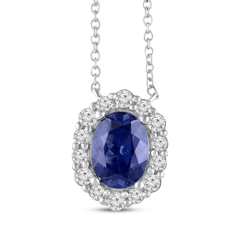 Main Image 1 of Oval-Cut Blue Lab-Created Sapphire & White Lab-Created Sapphire Halo Necklace 10K White Gold 18&quot;