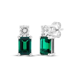 Emerald-Cut Lab-Created Emerald & Round-Cut White Lab-Created Sapphire Earrings Sterling Silver