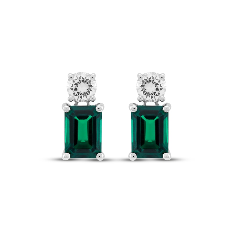 Main Image 2 of Emerald-Cut Lab-Created Emerald & Round-Cut White Lab-Created Sapphire Earrings Sterling Silver