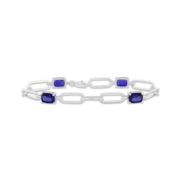 Cushion-Cut Blue Lab-Created Sapphire & Diamond Paperclip Bracelet 1/5 ct tw Sterling Silver 7.25&quot;