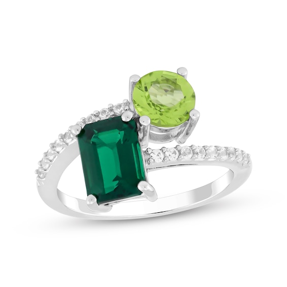 Emerald-Cut Lab-Created Emerald, Round-Cut Peridot & White Lab-Created Sapphire Ring Sterling Silver