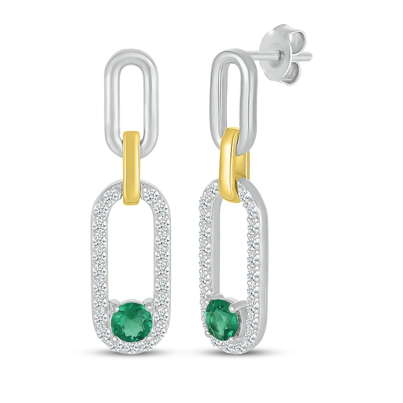 Main Image 1 of Lab-Created Emerald & White Lab-Created Sapphire Paperclip Dangle Earrings Sterling Silver & 10K Yellow Gold