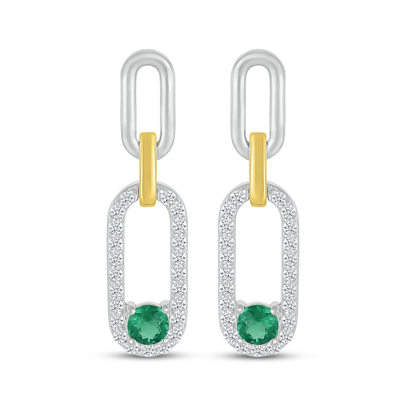 Main Image 2 of Lab-Created Emerald & White Lab-Created Sapphire Paperclip Dangle Earrings Sterling Silver & 10K Yellow Gold