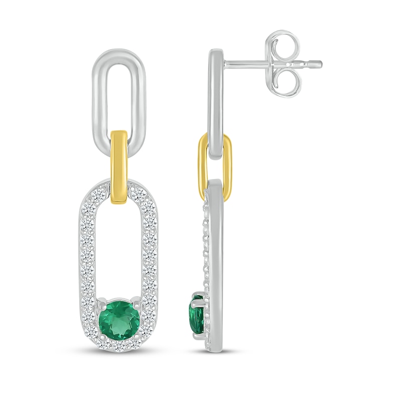 Main Image 3 of Lab-Created Emerald & White Lab-Created Sapphire Paperclip Dangle Earrings Sterling Silver & 10K Yellow Gold