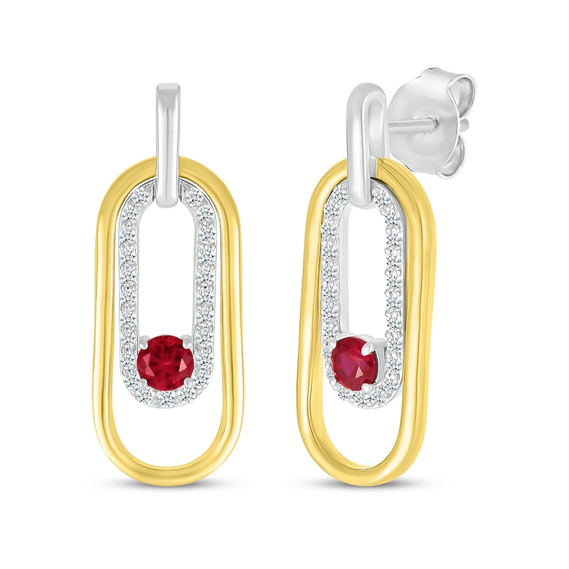 Main Image 1 of Lab-Created Ruby & White Lab-Created Sapphire Paperclip Dangle Earrings Sterling Silver & 10K Yellow Gold