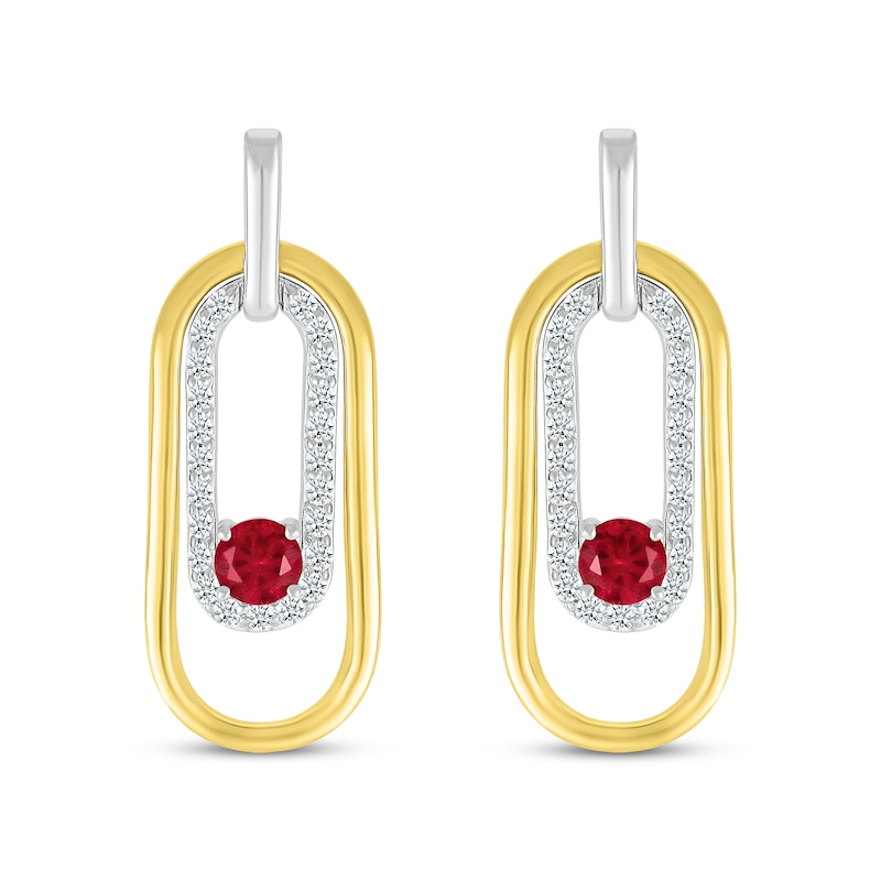 Main Image 2 of Lab-Created Ruby & White Lab-Created Sapphire Paperclip Dangle Earrings Sterling Silver & 10K Yellow Gold