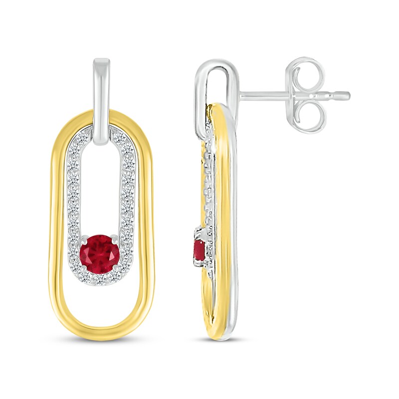 Main Image 3 of Lab-Created Ruby & White Lab-Created Sapphire Paperclip Dangle Earrings Sterling Silver & 10K Yellow Gold