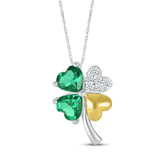 Heart-Shaped Lab-Created Emerald & White Lab-Created Sapphire Four-Leaf Clover Necklace Sterling Silver & 10K Yellow Gold 18"