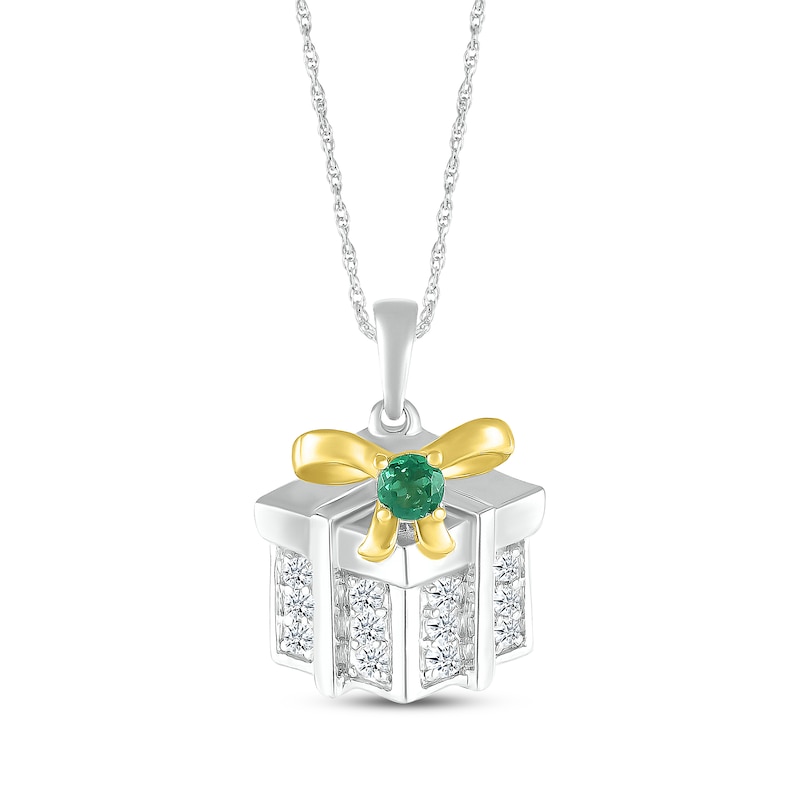 Main Image 1 of Lab-Created Emerald & White Lab-Created Sapphire Present Necklace Sterling Silver & 10K Yellow Gold 18&quot;