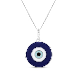 White Lab-Created Sapphire & Enamel Evil Eye Locket Sterling Silver 18&quot;