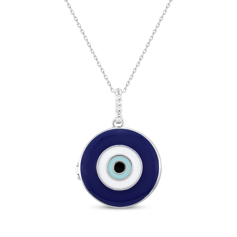 Main Image 1 of White Lab-Created Sapphire & Enamel Evil Eye Locket Sterling Silver 18&quot;