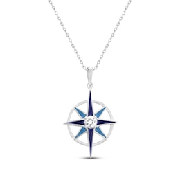 White Lab-Created Sapphire & Blue Enamel Compass Necklace Sterling Silver 18&quot;