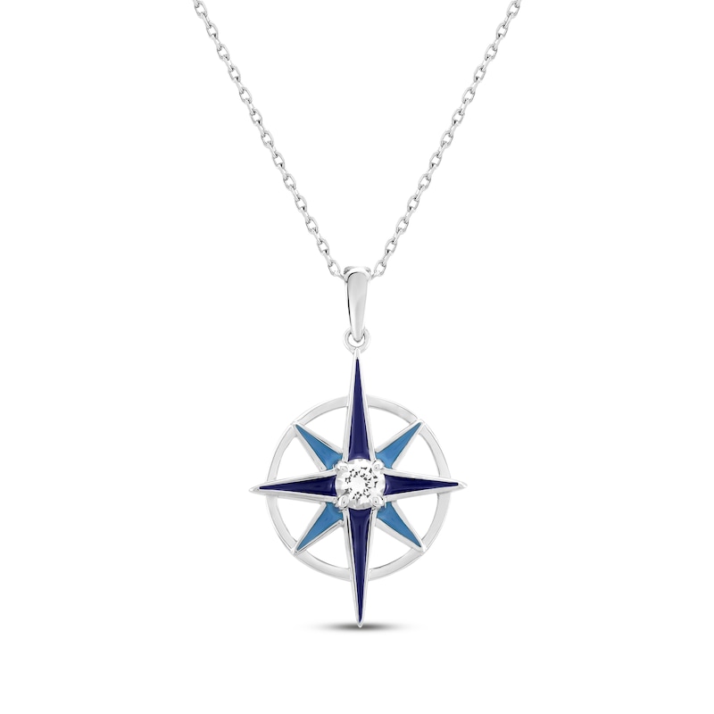 Main Image 1 of White Lab-Created Sapphire & Blue Enamel Compass Necklace Sterling Silver 18&quot;