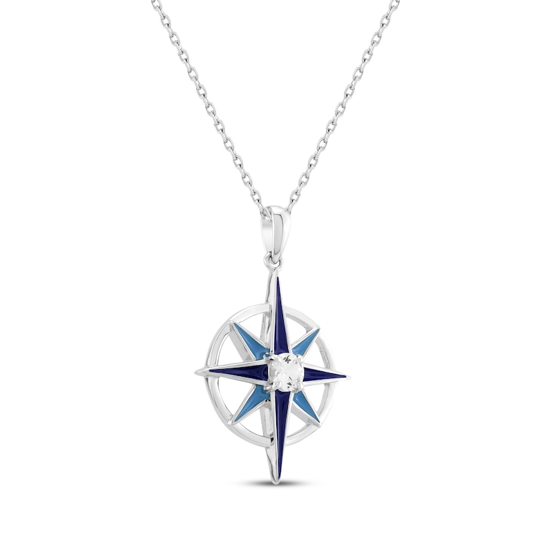 Main Image 2 of White Lab-Created Sapphire & Blue Enamel Compass Necklace Sterling Silver 18&quot;