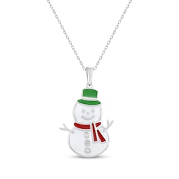 White Lab-Created Sapphire & Enamel Snowman Necklace Sterling Silver 18&quot;