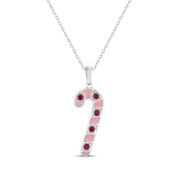 Lab-Created Ruby & Pink Enamel Candy Cane Necklace Sterling Silver 18&quot;