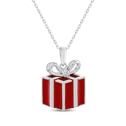 White Lab-Created Sapphire & Red Enamel Christmas Present Necklace Sterling Silver 18&quot;