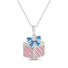 White Lab-Created Sapphire, Pink & Blue Enamel Gift Necklace Sterling Silver 18&quot;