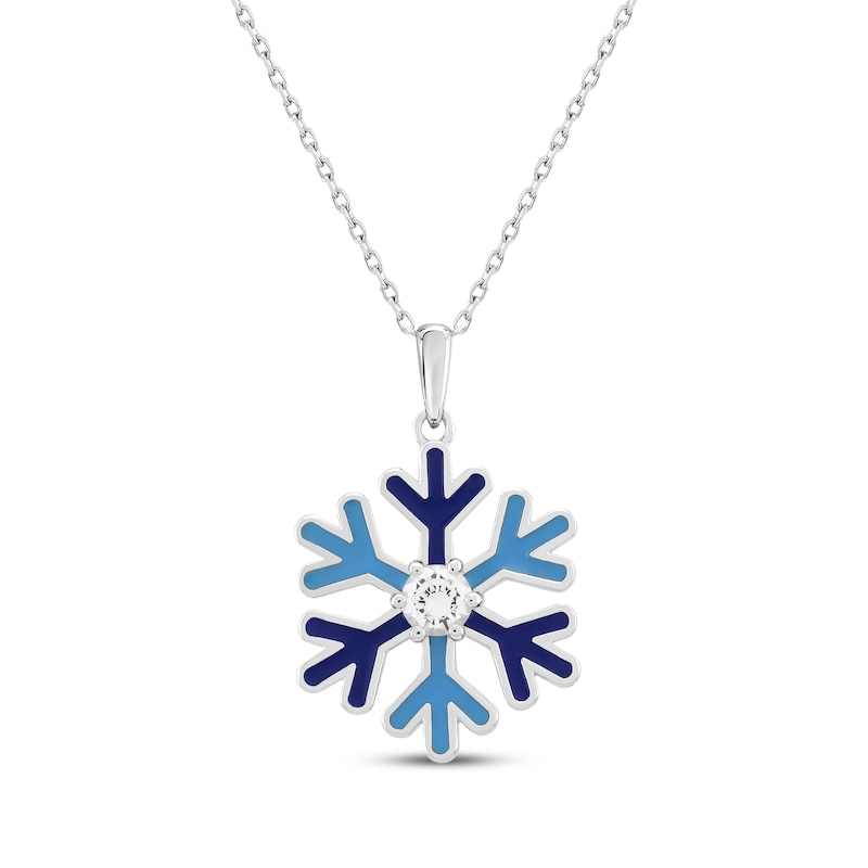 Main Image 1 of White Lab-Created Sapphire, Light & Dark Blue Enamel Snowflake Necklace Sterling Silver 18&quot;