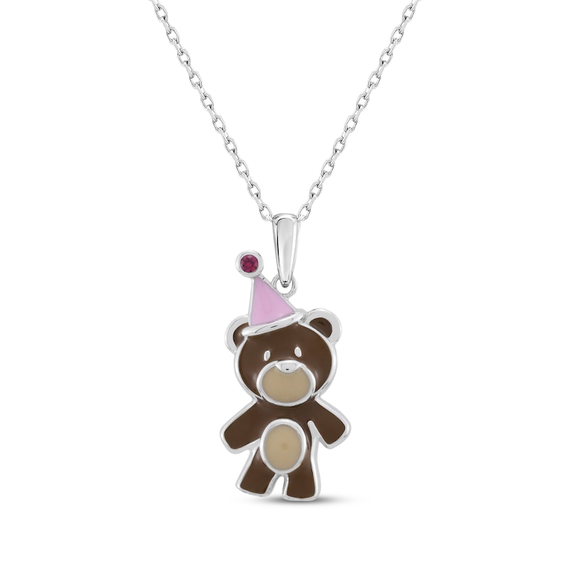 Main Image 1 of Lab-Created Ruby, Pink & Brown Enamel Teddy Bear with Party Hat Necklace Sterling Silver 18&quot;