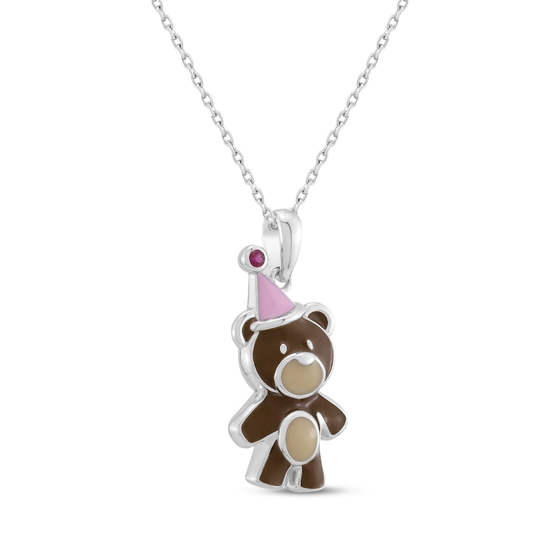 Main Image 2 of Lab-Created Ruby, Pink & Brown Enamel Teddy Bear with Party Hat Necklace Sterling Silver 18&quot;