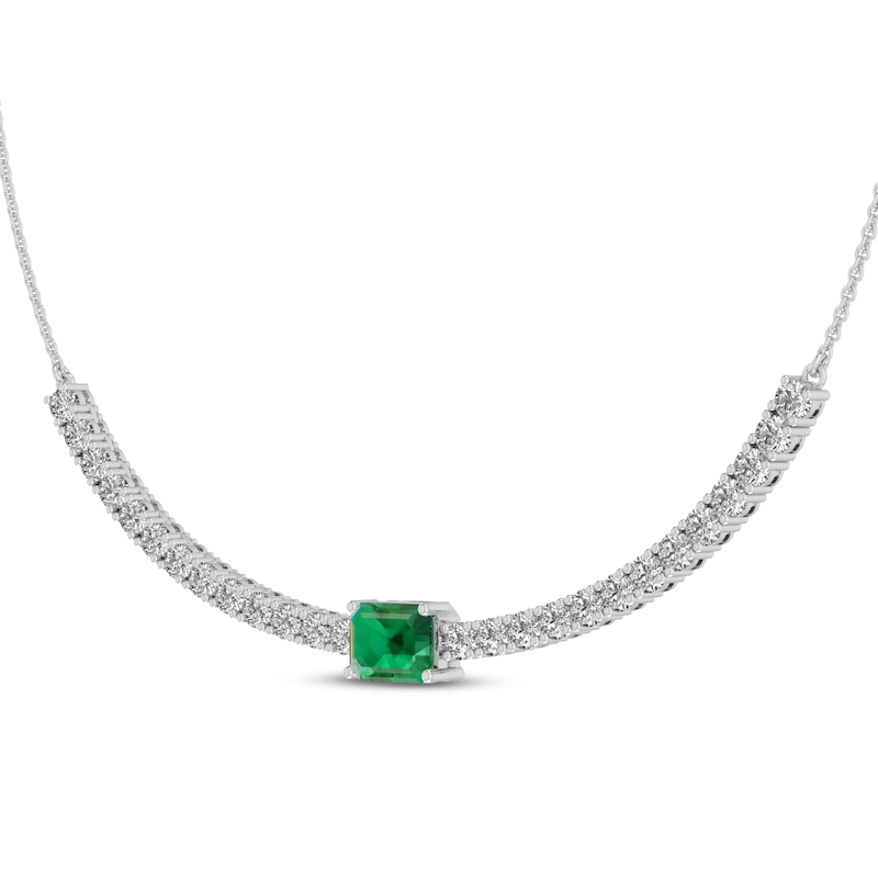 Main Image 2 of Octagon-Cut Lab-Created Emerald & White Lab-Created Sapphire Necklace Sterling Silver 18&quot;