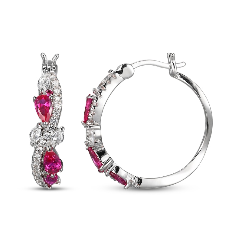 Main Image 3 of Multi-Shape Lab-Created Ruby & White Lab-Created Sapphire Swirl Hoop Earrings Sterling Silver