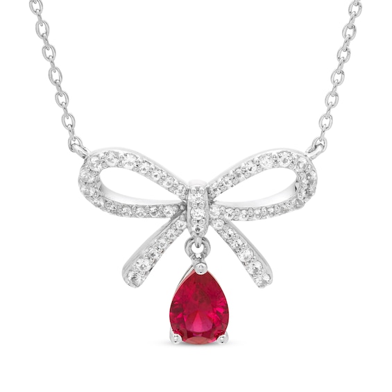 Pear-Shaped Lab-Created Ruby & White Lab-Created Sapphire Bow Necklace Sterling Silver 18"