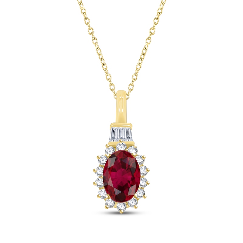 Main Image 1 of Oval-Cut Lab-Created Ruby & Diamond Starburst Halo Necklace 1/5 ct tw 10K Yellow Gold 18&quot;