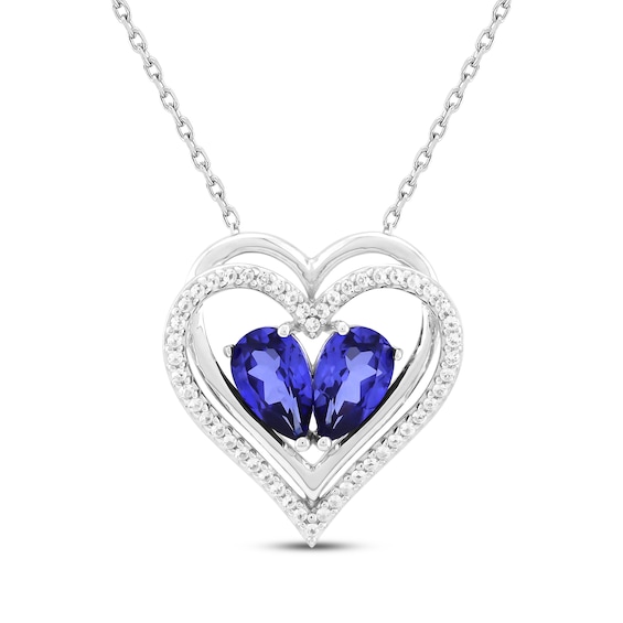 Pear-Shaped Blue Lab-Created Sapphire & White Lab-Created Sapphire Heart Necklace Sterling Silver 18"