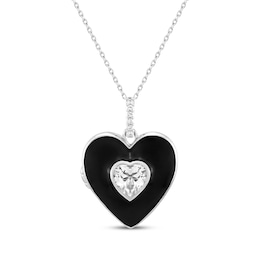 Heart-Shaped White Lab-Created Sapphire Black Enamel Heart Locket Necklace Sterling Silver 18&quot;