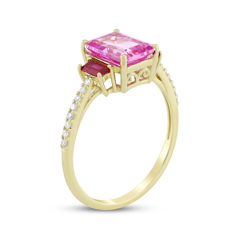 Main Image 2 of Emerald-Cut Pink Lab-Created Sapphire, Lab-Created Ruby & Diamond Ring 1/15 ct tw 10K Yellow Gold