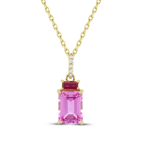 Emerald-Cut Pink Lab-Created Sapphire, Lab-Created Ruby & Diamond Accent Necklace 10K Yellow Gold 18"