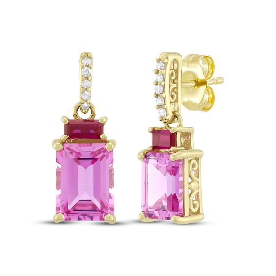 Emerald-Cut Pink Lab-Created Sapphire, Lab-Created Ruby & Diamond Drop Earrings 1/20 ct tw 10K Yellow Gold