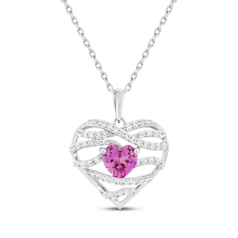 Heart-Shaped Pink Lab-Created Sapphire & White Lab-Created Sapphire Crisscross Heart Necklace Sterling Silver 18"