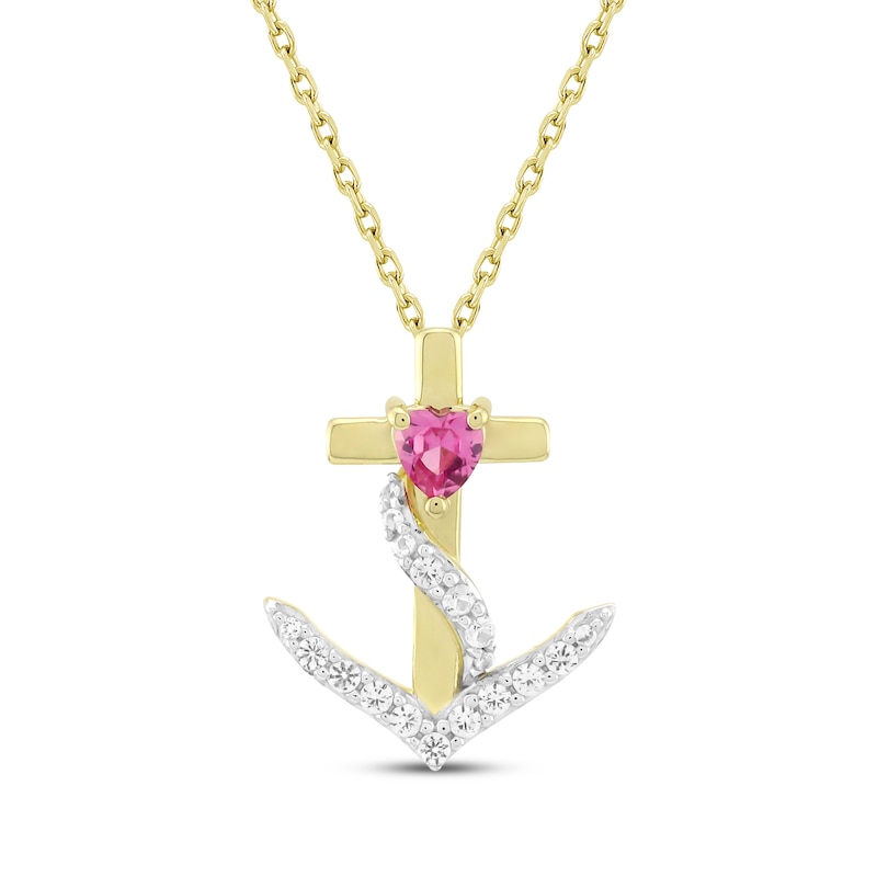 Main Image 1 of Heart-Shaped Pink Lab-Created Sapphire & White Lab-Created Sapphire Anchor Cross Necklace 10K Yellow Gold 18&quot;