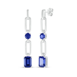 Round & Emerald-Cut Blue Lab-Created Sapphire Paperclip Drop Earrings Sterling Silver