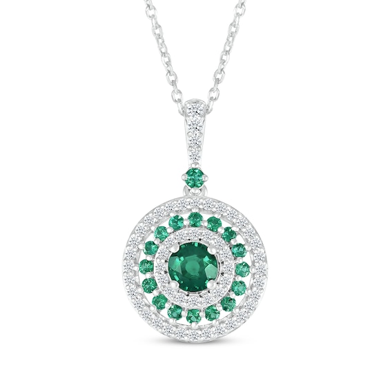 Lab-Created Emerald & White Lab-Created Sapphire Halo Necklace Sterling Silver 18"