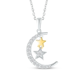 White Lab-Created Sapphire Moon & Star Necklace Sterling Silver & 10K Yellow Gold