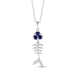 Blue & White Lab-Created Sapphire Fishbone Necklace Sterling Silver 18&quot;