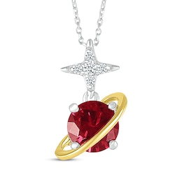 Lab-Created Ruby & White Lab-Created Sapphire Planet & Star Necklace Sterling Silver & 10K Yellow Gold 18&quot;