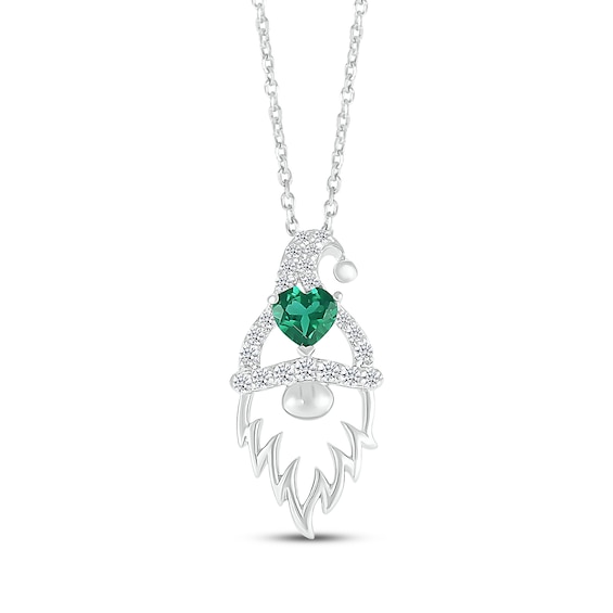Heart-Shaped Lab-Created Emerald & White Lab-Created Sapphire Gnome Necklace Sterling Silver 18"
