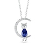 Thumbnail Image 1 of Pear-Shaped Blue Lab-Created Sapphire & White Lab-Created Sapphire Cat on Moon Necklace Sterling Silver 18&quot;