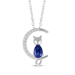 Pear-Shaped Blue Lab-Created Sapphire & White Lab-Created Sapphire Cat on Moon Necklace Sterling Silver 18&quot;