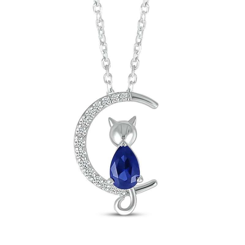 Main Image 1 of Pear-Shaped Blue Lab-Created Sapphire & White Lab-Created Sapphire Cat on Moon Necklace Sterling Silver 18&quot;