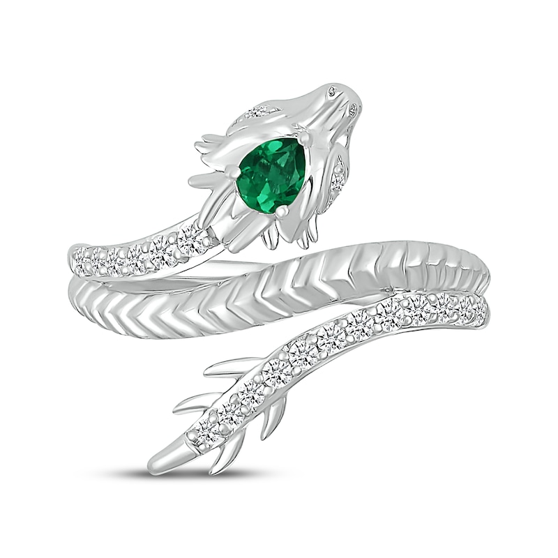 Main Image 4 of Pear-Shaped Lab-Created Emerald & White Lab-Created Sapphire Dragon Ring Sterling Silver