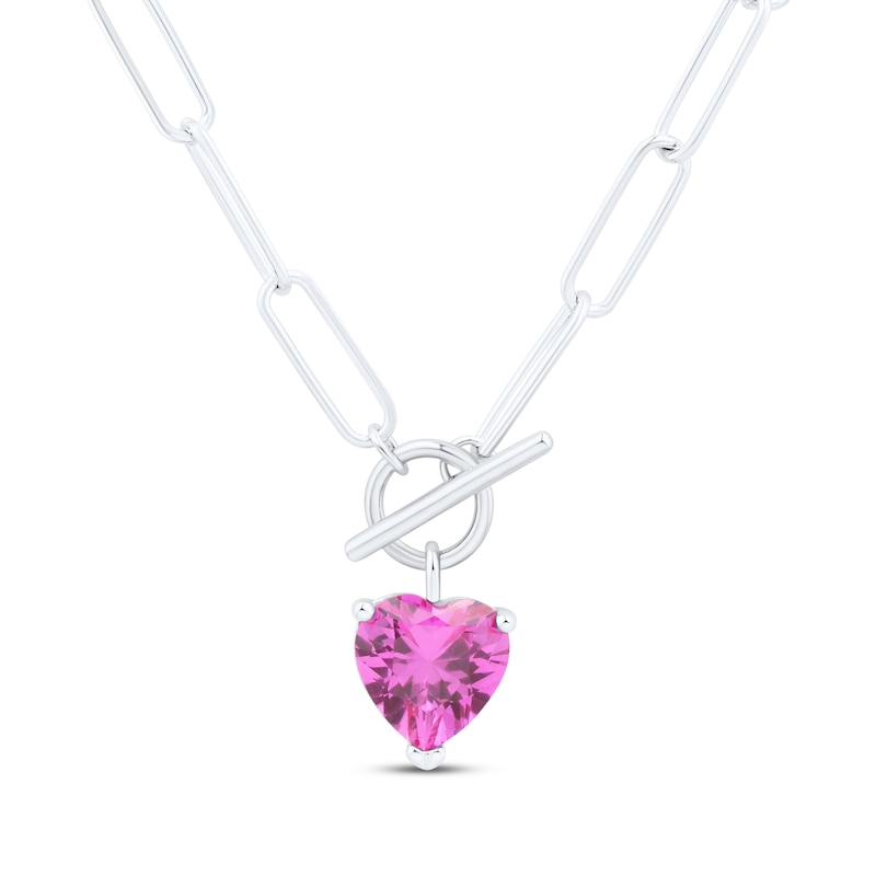 Heart-Shaped Pink Lab-Created Sapphire Paperclip Toggle Necklace Sterling Silver 18"