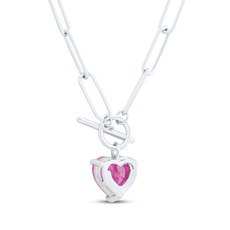 Heart-Shaped Pink Lab-Created Sapphire Paperclip Toggle Necklace Sterling Silver 18"